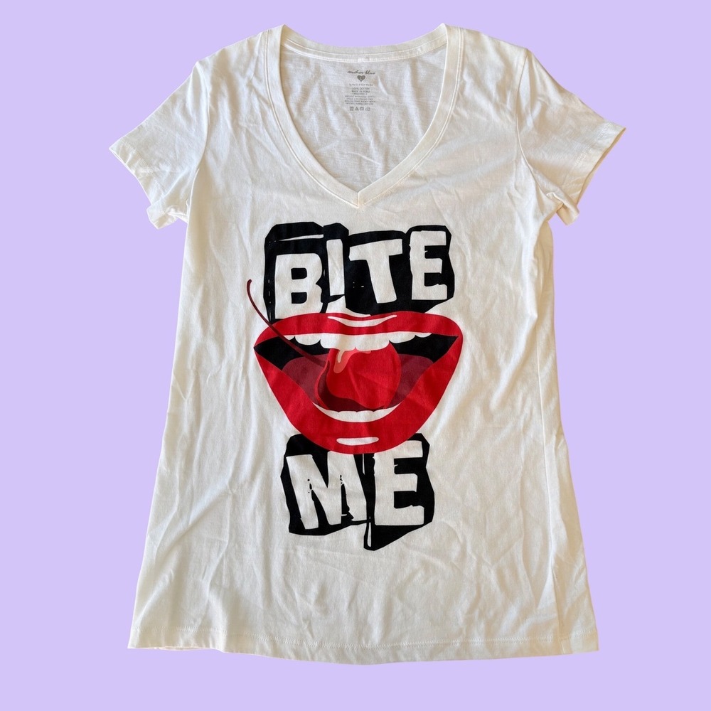 Y2K Anchor Blue Bite Me Graphic V-Neck T-Shirt Cherry Lips Scene Tee #18